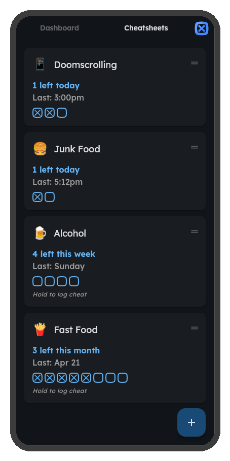 Cheatsheets screen showing habit cards