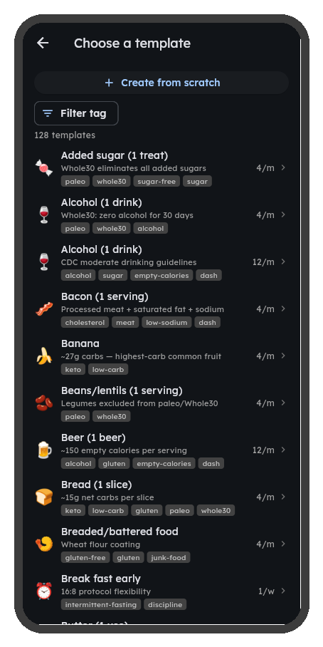 Template selection screen with habit categories